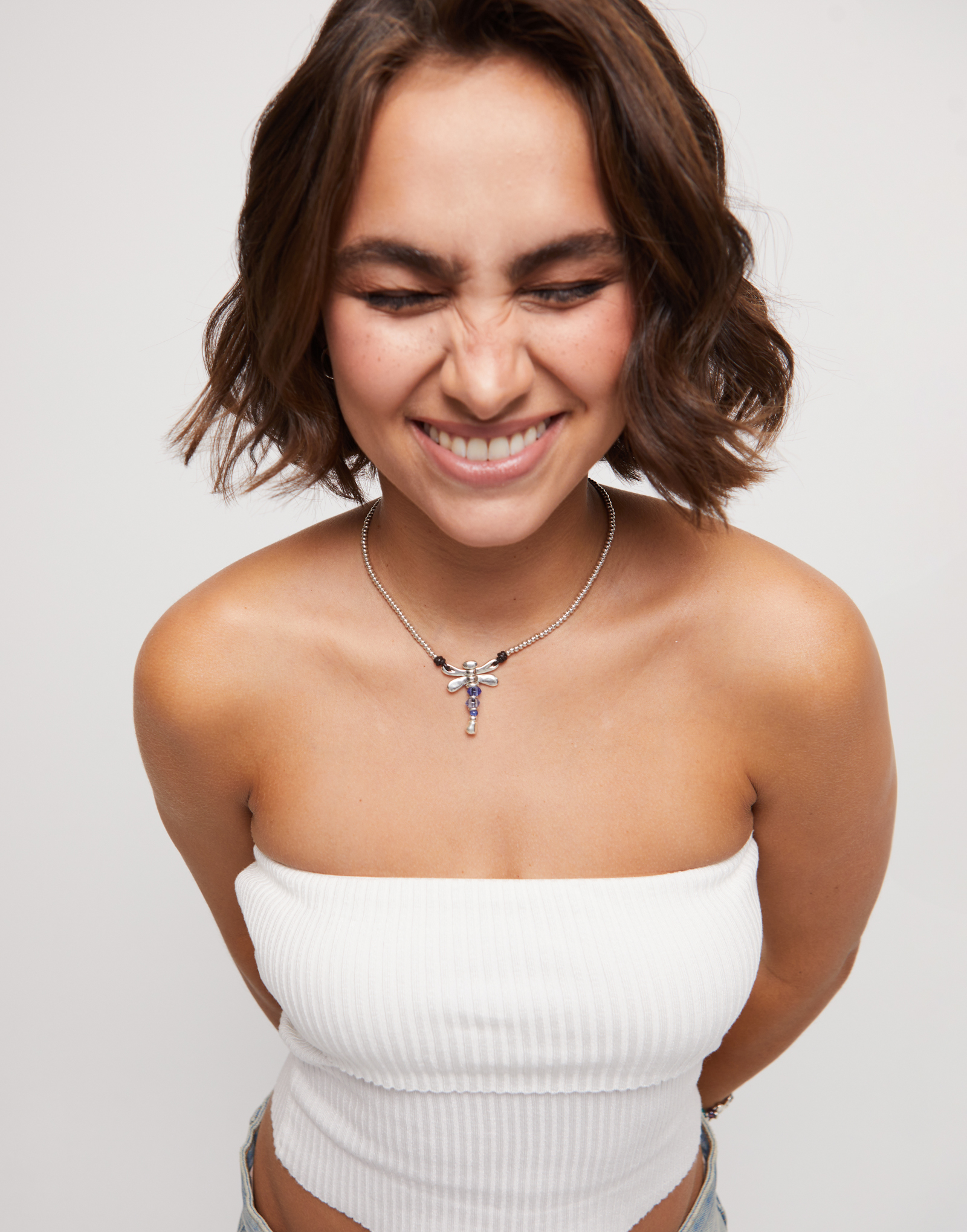 Short pendant necklace with dragonfly, Silver, large thumbnail